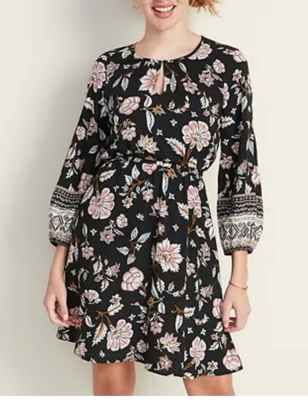 2 for $20 sale: Old Navy black pink floral dress with balloon lantern sleeves /